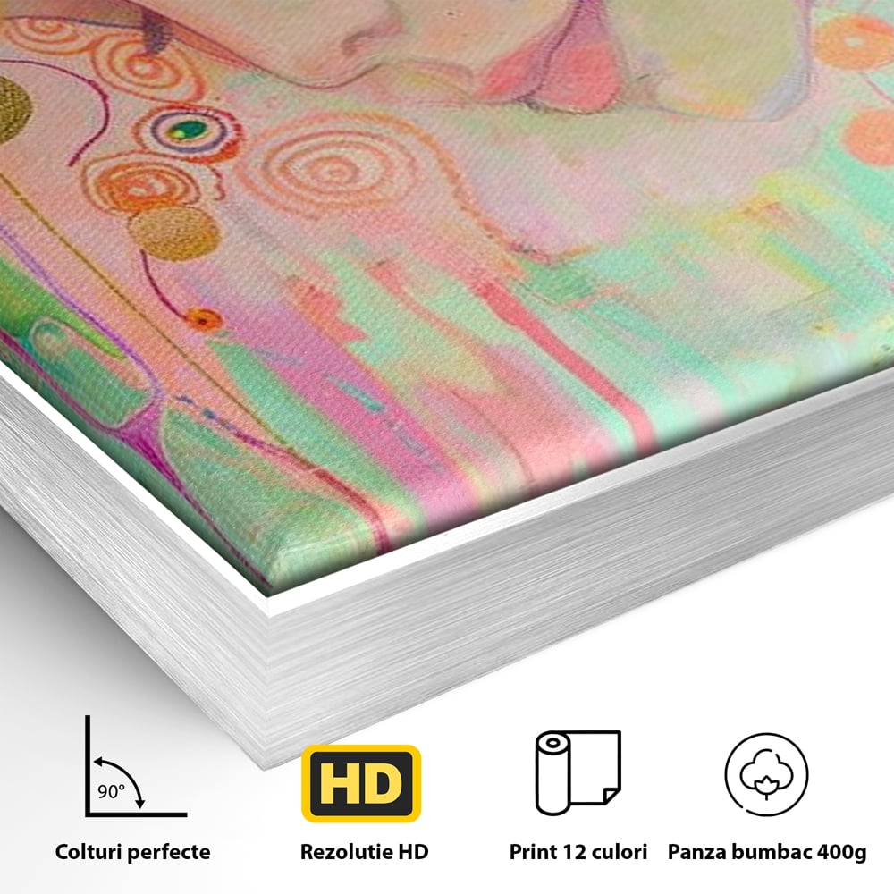 Detaliu al suprafetei: tablou canvas cu portret de zana, in rama de aluminiu argintiu